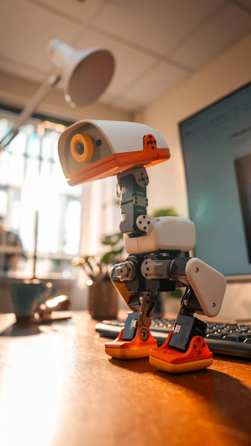 A cream MicroDuck robot standing on a desk in warm light.