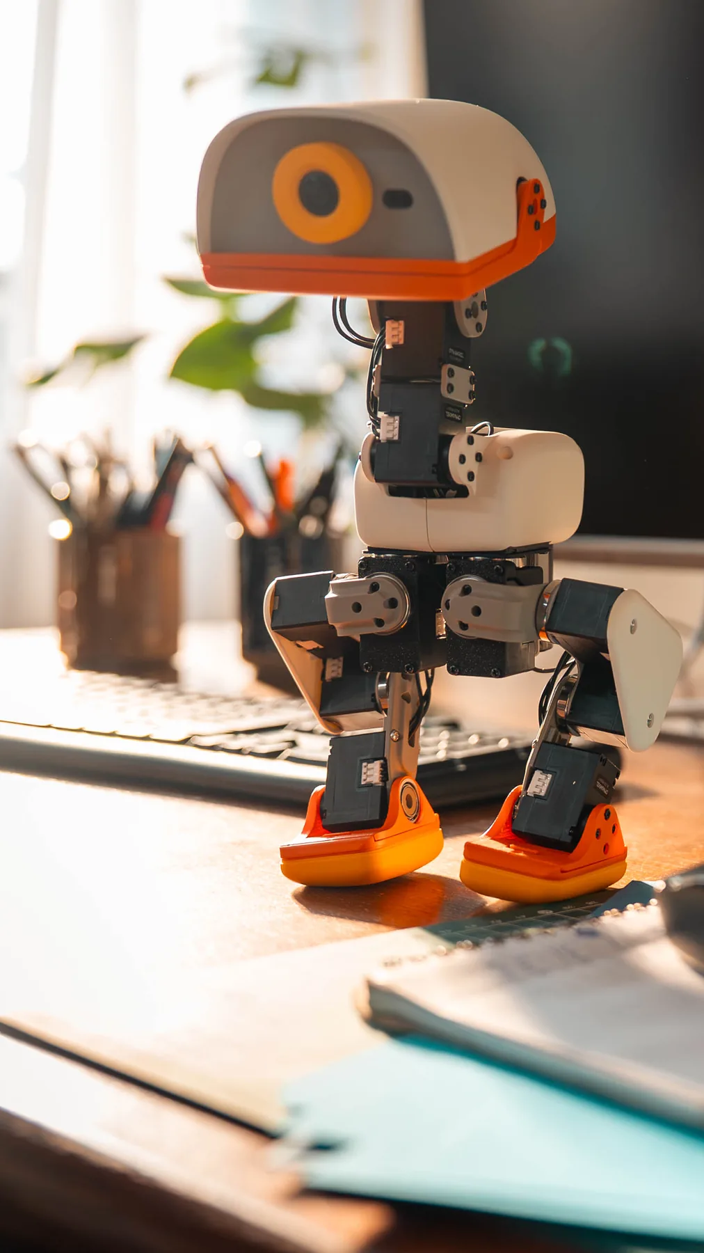 A cream and orange MicroDuck robot standing beside a monitor in morning light.