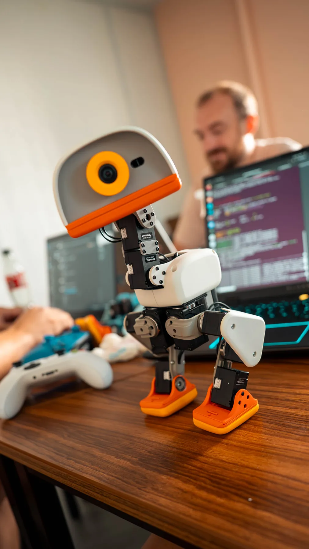 A MicroDuck robot beside a laptop with code on screen.